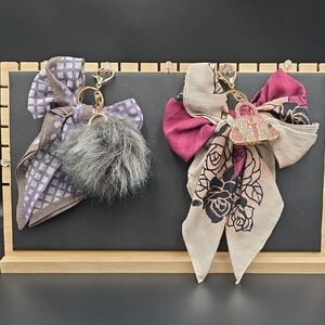 Purple and Gray Bow Keychains with Fur Pom and Bag Charm